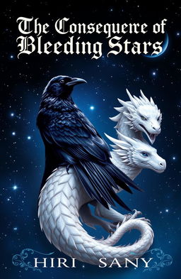 A captivating book cover depicting a striking black raven with glossy feathers perched gracefully on the back of an ethereal white dragon with shimmering scales and mesmerizing eyes