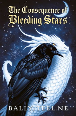 A captivating book cover depicting a striking black raven with glossy feathers perched gracefully on the back of an ethereal white dragon with shimmering scales and mesmerizing eyes
