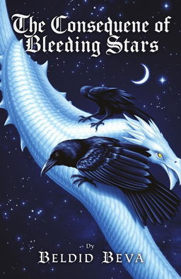 A captivating book cover depicting a striking black raven with glossy feathers perched gracefully on the back of an ethereal white dragon with shimmering scales and mesmerizing eyes