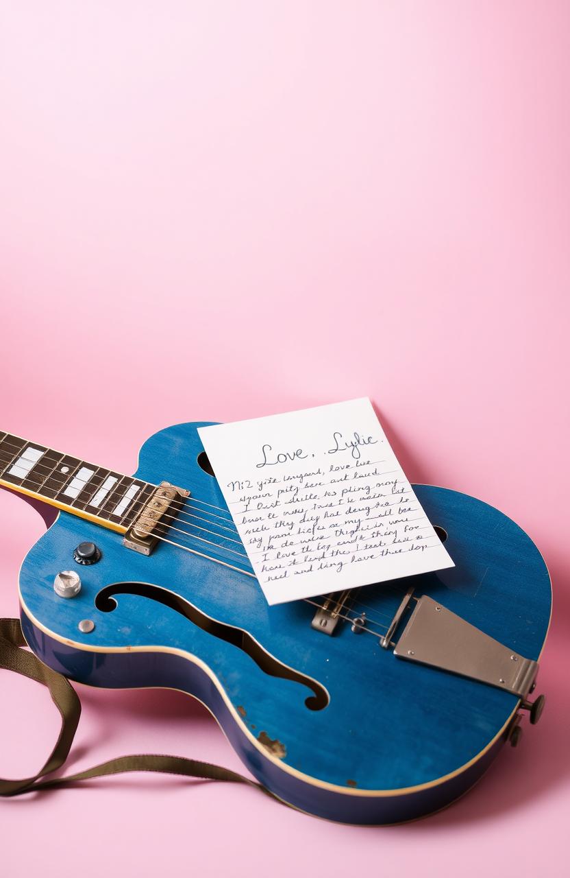 A vintage blue ES-335 guitar resting against a soft pink background, with a handwritten letter that reads 'Love, Lydie' elegantly placed next to it