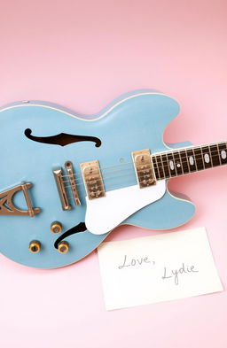 A vintage blue ES-335 guitar resting against a soft pink background, with a handwritten letter that reads 'Love, Lydie' elegantly placed next to it