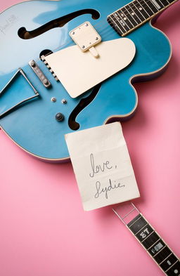A vintage blue ES-335 guitar resting against a soft pink background, with a handwritten letter that reads 'Love, Lydie' elegantly placed next to it