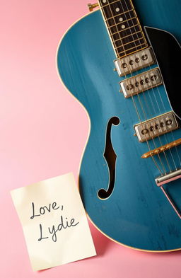 A vintage blue ES-335 guitar resting against a soft pink background, with a handwritten letter that reads 'Love, Lydie' elegantly placed next to it