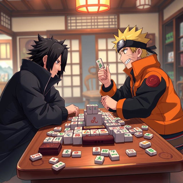 Naruto Uzumaki and Sasuke Uchiha engaged in a friendly game of Mahjong, sitting across from each other at a traditional wooden Mahjong table