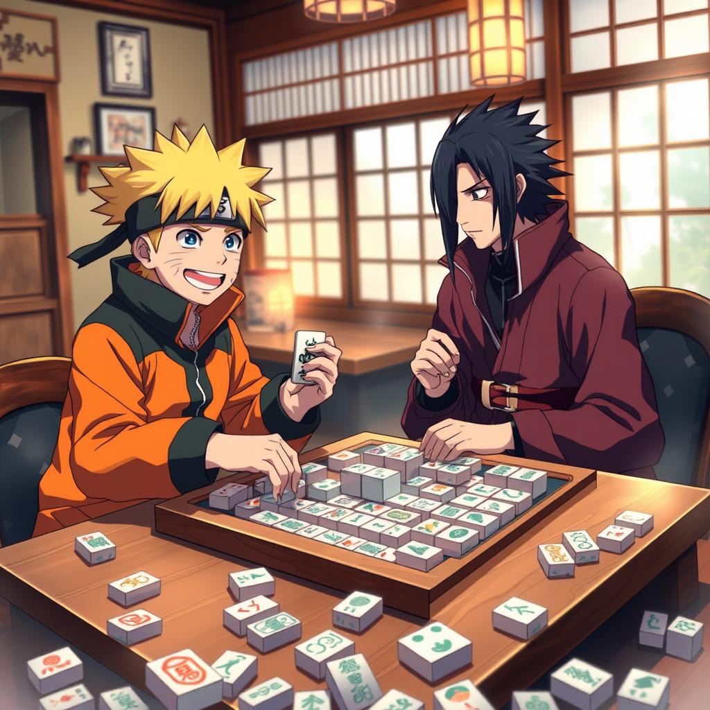 Naruto Uzumaki and Sasuke Uchiha engaged in a friendly game of Mahjong, sitting across from each other at a traditional wooden Mahjong table