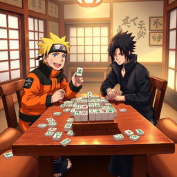 Naruto Uzumaki and Sasuke Uchiha engaged in a friendly game of Mahjong, sitting across from each other at a traditional wooden Mahjong table