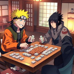 Naruto Uzumaki and Sasuke Uchiha engaged in a friendly game of Mahjong, sitting across from each other at a traditional wooden Mahjong table