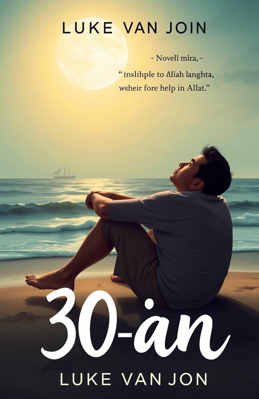 A novel cover design for '30-an' by Luke van John, featuring a sad Asian man sitting on the beach, looking up at the sky with a hopeful expression, seeking help from Allah