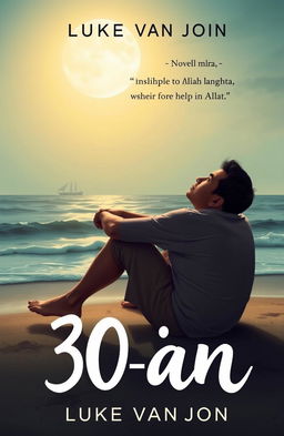 A novel cover design for '30-an' by Luke van John, featuring a sad Asian man sitting on the beach, looking up at the sky with a hopeful expression, seeking help from Allah