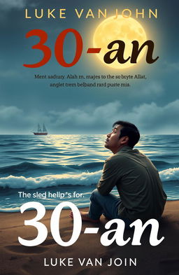 A novel cover design for '30-an' by Luke van John, featuring a sad Asian man sitting on the beach, looking up at the sky with a hopeful expression, seeking help from Allah