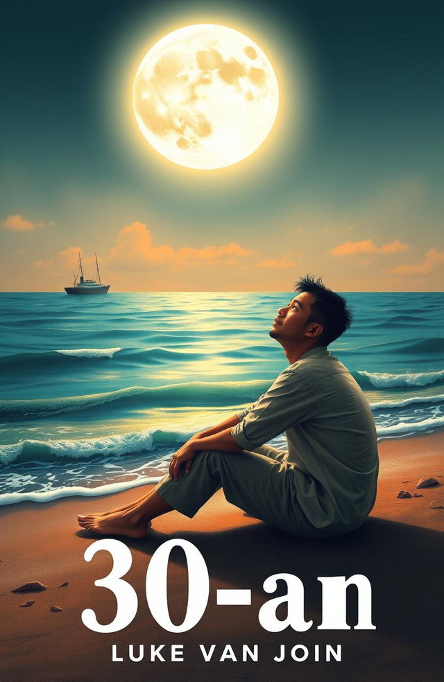 A novel cover design for '30-an' by Luke van John, featuring a sad Asian man sitting on the beach, looking up at the sky with a hopeful expression, seeking help from Allah