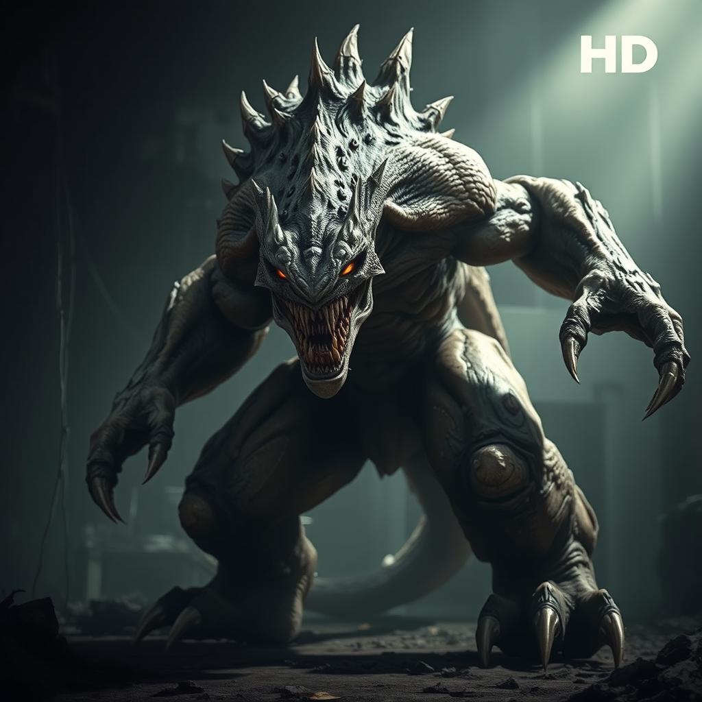 A highly detailed and realistic depiction of a monstrous creature, showcasing its terrifying features such as bulging muscles, sharp claws, and glowing eyes