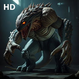 A highly detailed and realistic depiction of a monstrous creature, showcasing its terrifying features such as bulging muscles, sharp claws, and glowing eyes
