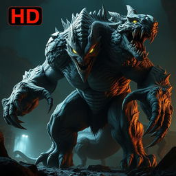 A highly detailed and realistic depiction of a monstrous creature, showcasing its terrifying features such as bulging muscles, sharp claws, and glowing eyes