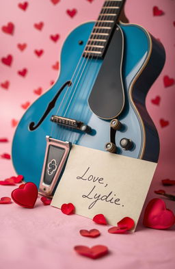 A vintage blue ES-335 guitar prominently displayed in the foreground, surrounded by a soft pink background filled with whimsical red hearts
