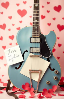 A vintage blue ES-335 guitar prominently displayed in the foreground, surrounded by a soft pink background filled with whimsical red hearts