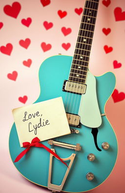 A vintage blue ES-335 guitar prominently displayed in the foreground, surrounded by a soft pink background filled with whimsical red hearts