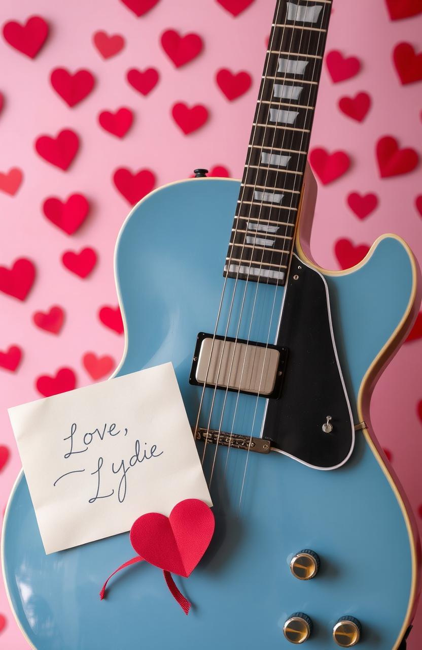 A vintage blue ES-335 guitar prominently displayed in the foreground, surrounded by a soft pink background filled with whimsical red hearts