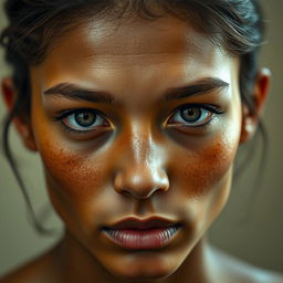 A highly detailed and realistic portrait of a human figure, showcasing intricate facial features, lifelike skin textures, and expressive eyes