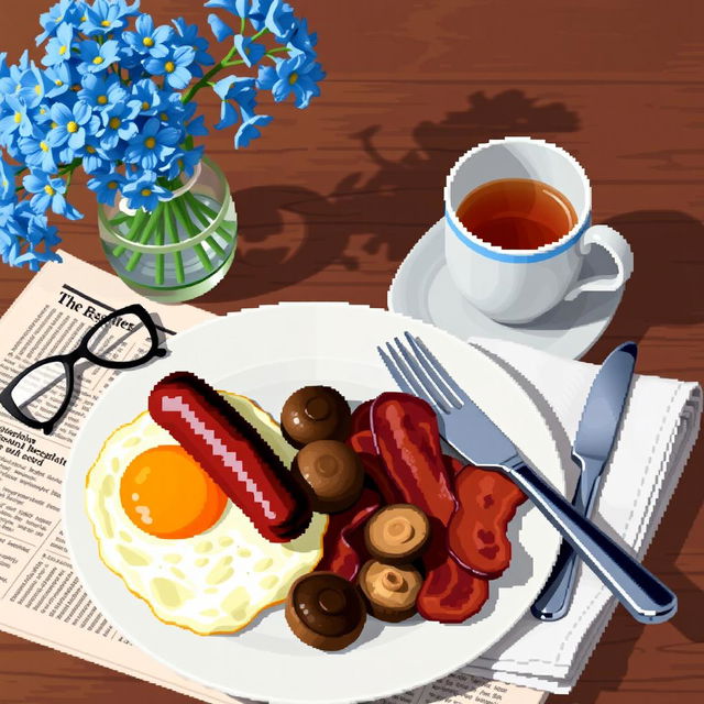 A detailed still life in pixel art style featuring an English breakfast scene