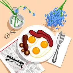 A detailed still life in pixel art style featuring an English breakfast scene
