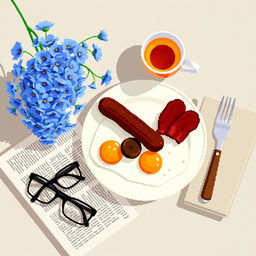 A detailed still life in pixel art style featuring an English breakfast scene