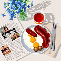 A detailed still life in pixel art style featuring an English breakfast scene