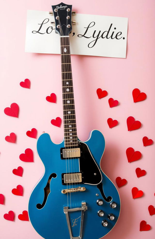 A Pelham Blue ES-335 guitar prominently displayed in the center, featuring its iconic shape and details