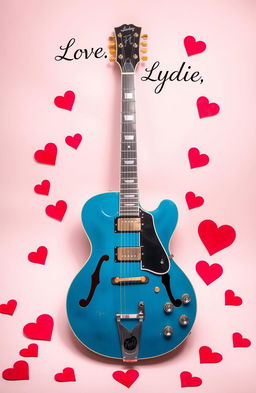 A Pelham Blue ES-335 guitar prominently displayed in the center, featuring its iconic shape and details