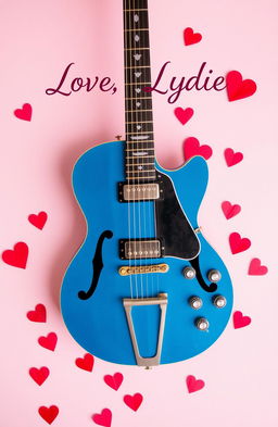 A Pelham Blue ES-335 guitar prominently displayed in the center, featuring its iconic shape and details