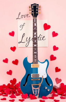 A Pelham Blue ES-335 guitar prominently displayed in the center, featuring its iconic shape and details