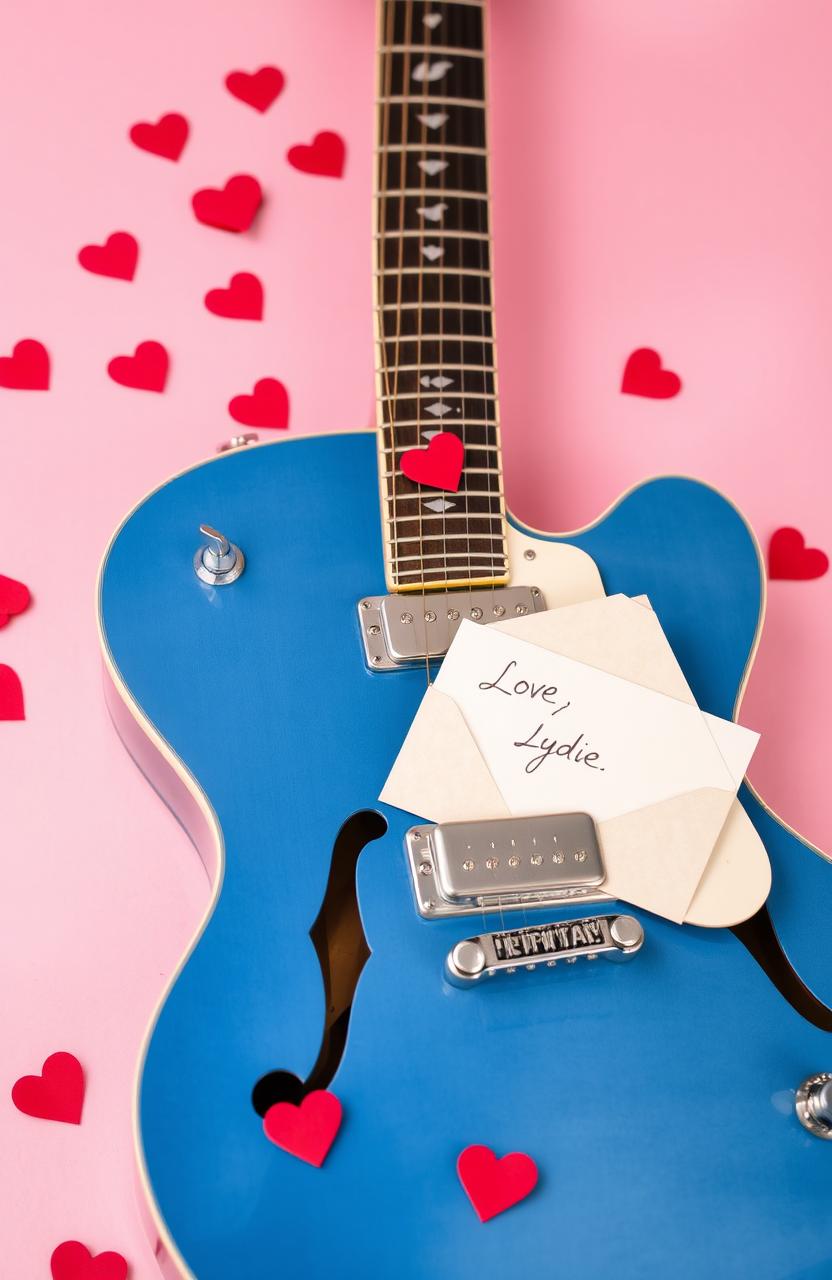 A Pelham Blue ES-335 guitar resting elegantly against a soft pink background