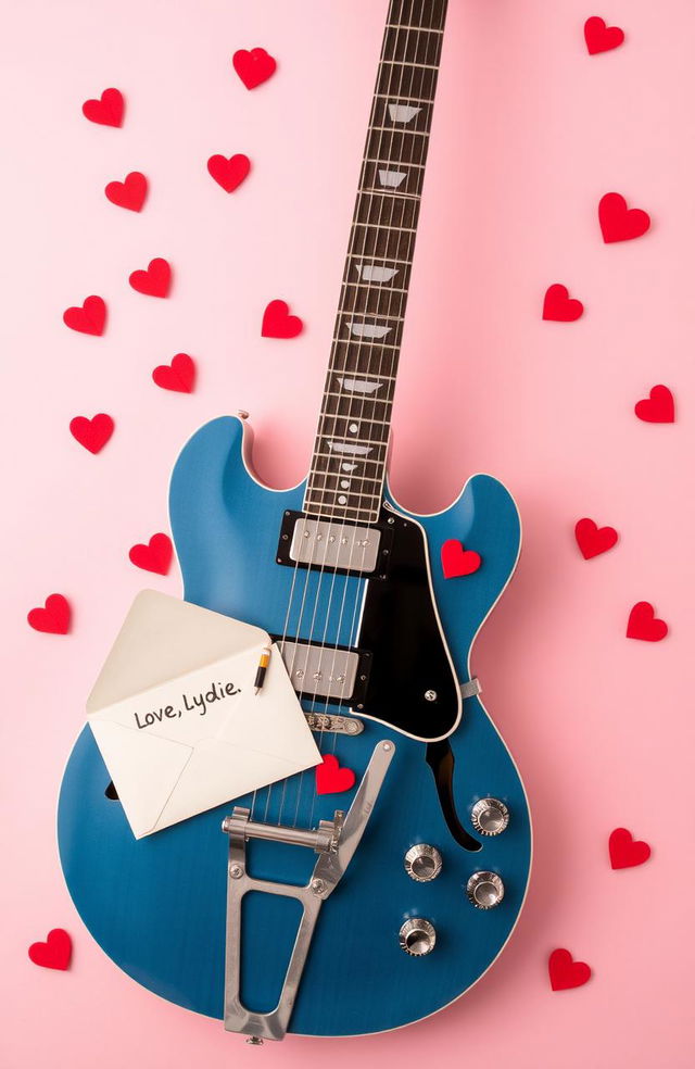 A Pelham Blue ES-335 guitar resting elegantly against a soft pink background