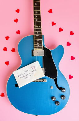 A Pelham Blue ES-335 guitar resting elegantly against a soft pink background