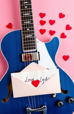 A Pelham Blue ES-335 guitar resting elegantly against a soft pink background
