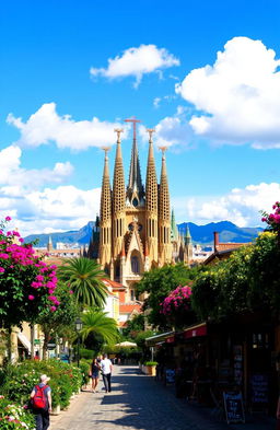 A picturesque scene depicting the vibrant culture and stunning landscapes of Catalunya, featuring the iconic Sagrada Familia in the background, surrounded by colorful Gaudí-style architecture
