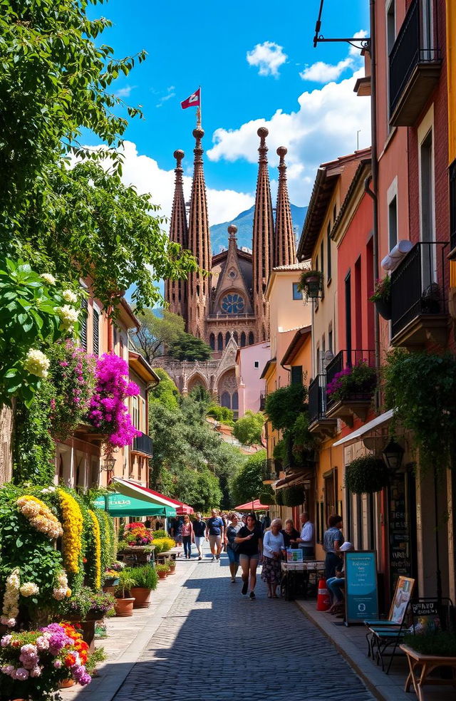 A picturesque scene depicting the vibrant culture and stunning landscapes of Catalunya, featuring the iconic Sagrada Familia in the background, surrounded by colorful Gaudí-style architecture