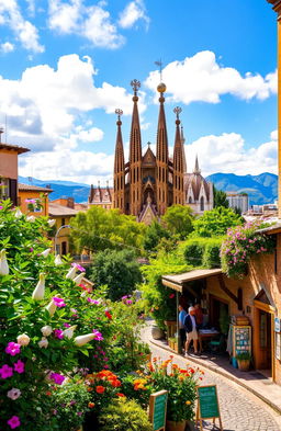 A picturesque scene depicting the vibrant culture and stunning landscapes of Catalunya, featuring the iconic Sagrada Familia in the background, surrounded by colorful Gaudí-style architecture