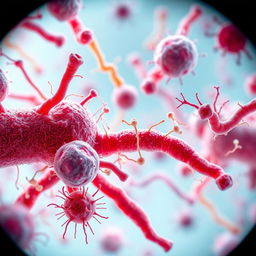 A highly detailed and realistic representation of bacteria viewed through a microscope, showcasing various shapes and structures such as rods, spheres, and spirals