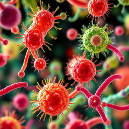A highly detailed and realistic representation of bacteria viewed through a microscope, showcasing various shapes and structures such as rods, spheres, and spirals