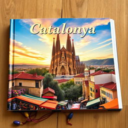 A captivating book cover illustrating the enchanting beauty of Catalunya, featuring a panoramic view of the iconic Sagrada Familia rising majestically against a serene sunset sky