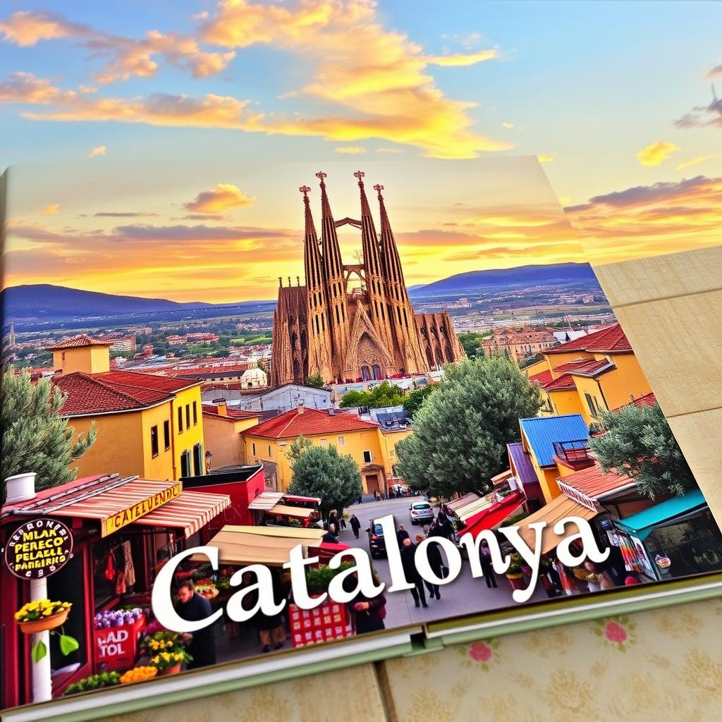 A captivating book cover illustrating the enchanting beauty of Catalunya, featuring a panoramic view of the iconic Sagrada Familia rising majestically against a serene sunset sky