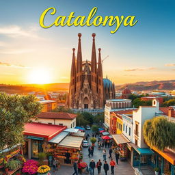 A captivating book cover illustrating the enchanting beauty of Catalunya, featuring a panoramic view of the iconic Sagrada Familia rising majestically against a serene sunset sky