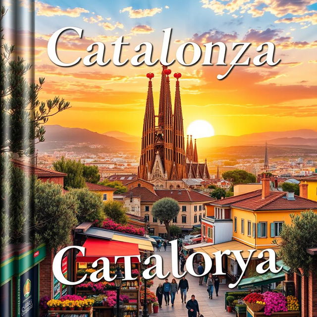 A captivating book cover illustrating the enchanting beauty of Catalunya, featuring a panoramic view of the iconic Sagrada Familia rising majestically against a serene sunset sky