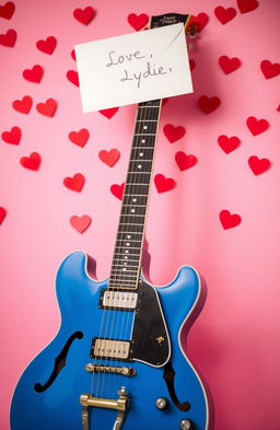 A Pelham Blue ES-335 guitar placed elegantly in the foreground, symbolizing passion and love