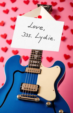 A Pelham Blue ES-335 guitar placed elegantly in the foreground, symbolizing passion and love