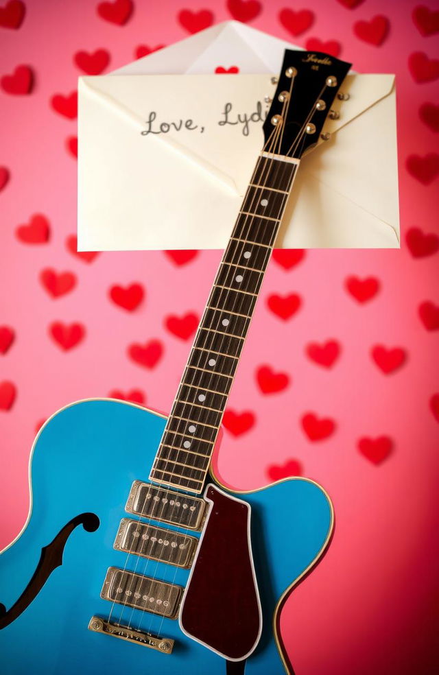 A Pelham Blue ES-335 guitar placed elegantly in the foreground, symbolizing passion and love