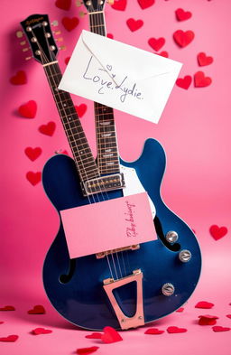 A Pelham Blue ES-335 guitar placed elegantly in the foreground, symbolizing passion and love