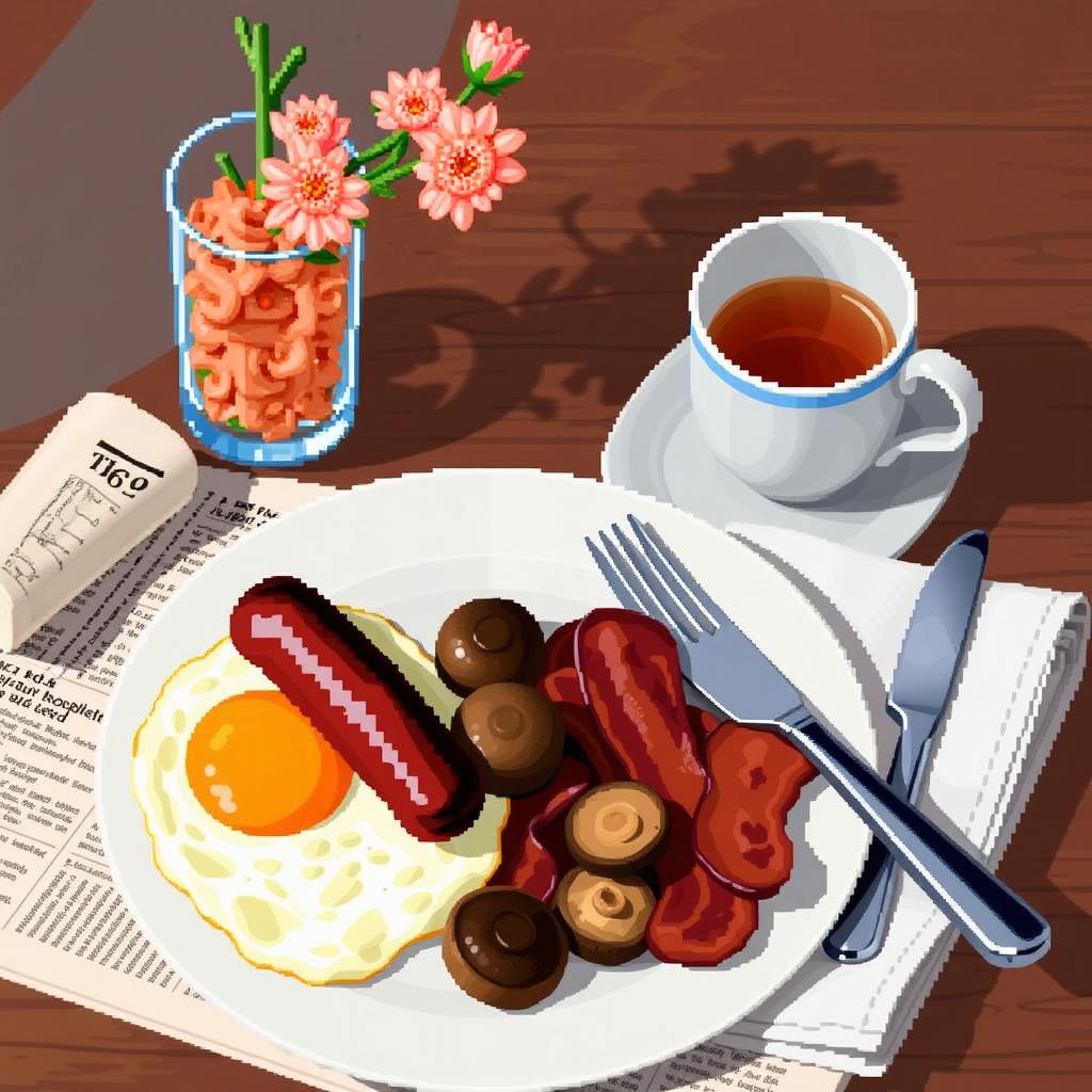 A cozy pixel art scene depicting a classic English breakfast on a plate featuring sunny-side-up eggs, sausage, crispy bacon, sautéed mushrooms, and golden potatoes