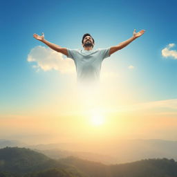 A serene scene depicting a man ascending into the sky, surrounded by ethereal clouds and soft, warm sunlight